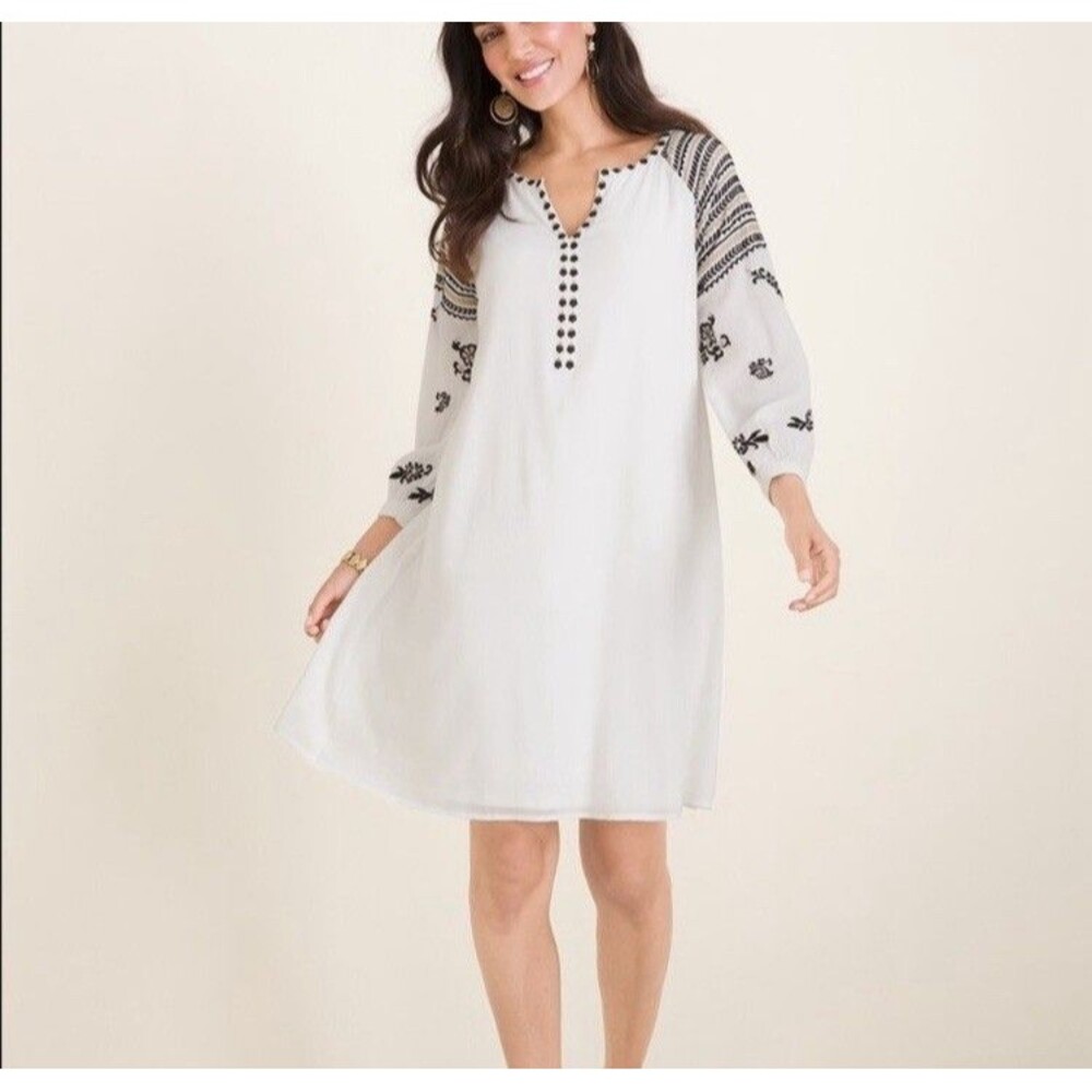 Chicos Womens 1.5 10 Dress Boho Puff Sleeve Embroidery White Crinkle Lined